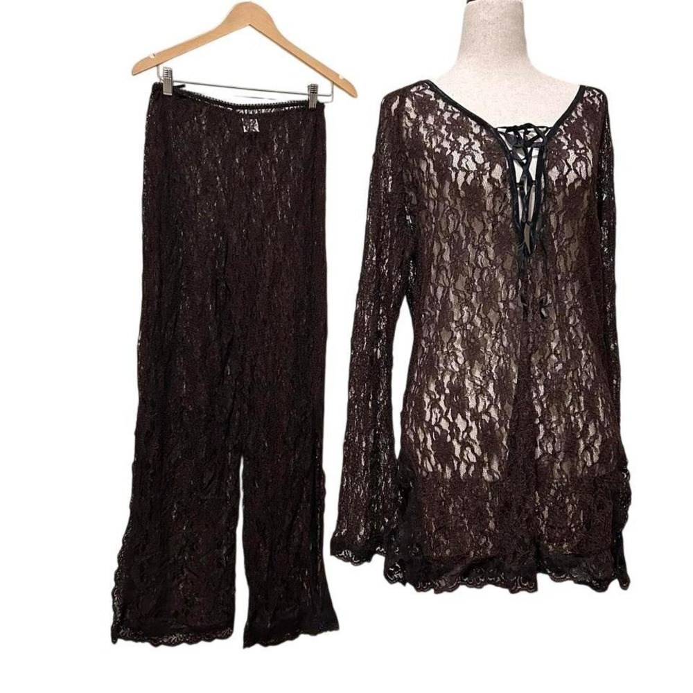 Vintage Twiggy Brown Floral Lace 2 Piece Set Tunic Top and Wide Leg Pants Small